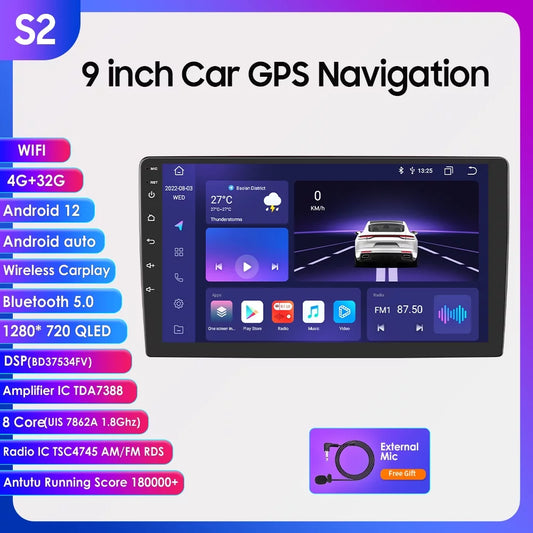 2s series 9" 4+32gb touchscreen android 12 octa core qled 1280*720 car gps navigation stereo carplay