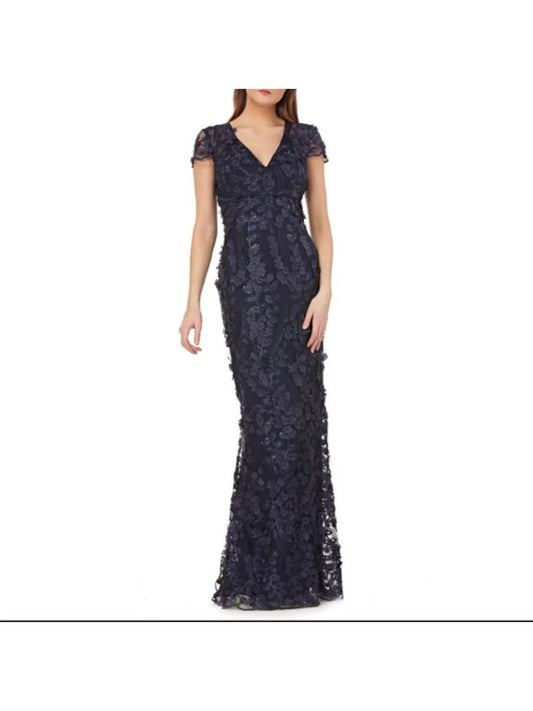 Carmen marc valvo womens navy embellished floral cap sleeve v neck full-length formal mermaid dress 4