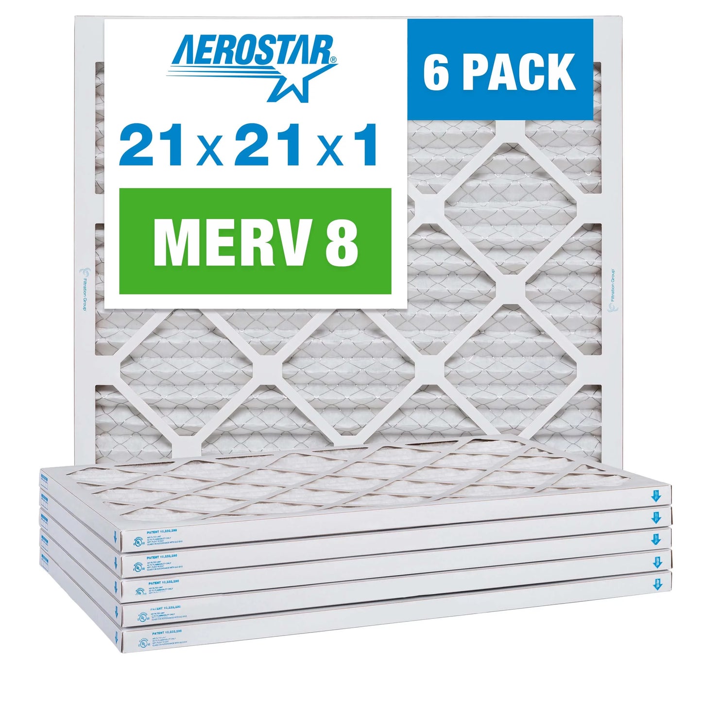 Aerostar 21x21x1 merv 8 pleated air filter, ac furnace air filter, 6 pack