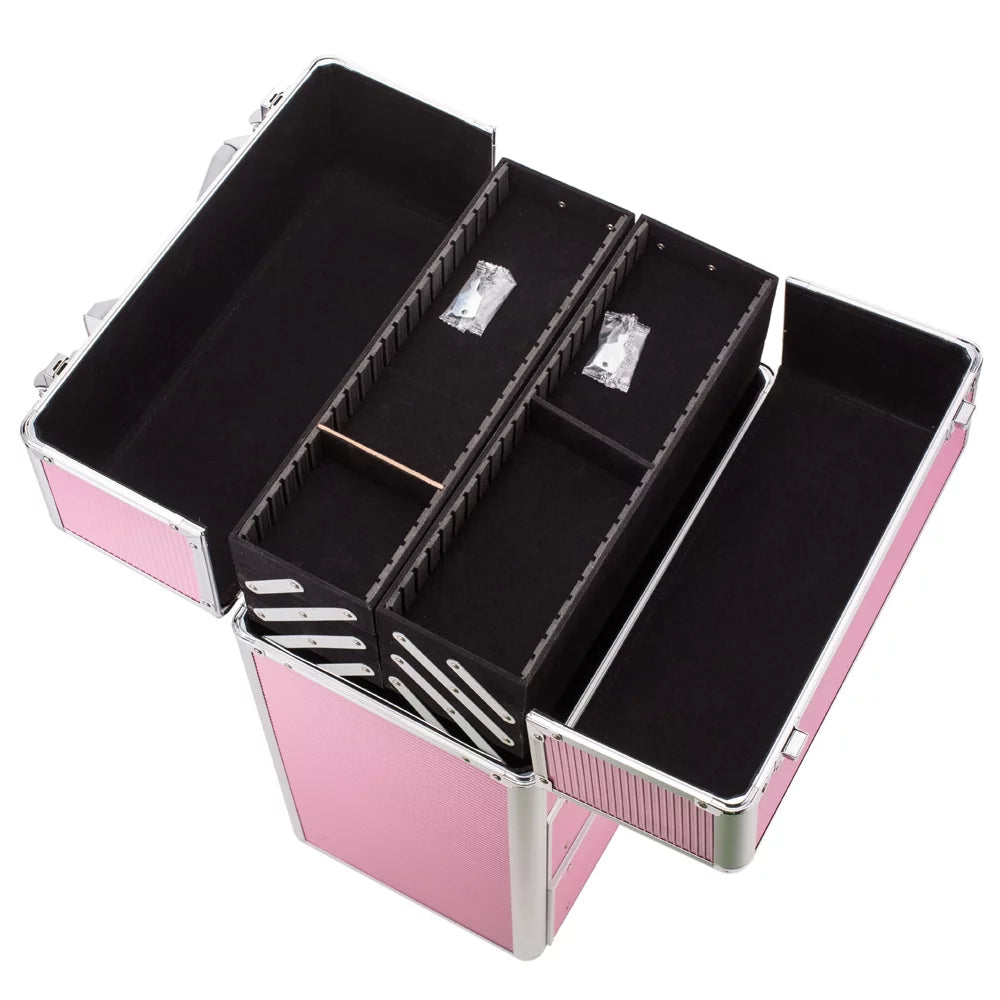 4 tier lockable rolling cosmetic makeup train cases, pink wheels rolling cosmetic case for women, cosmetic organizer makeup case with extendable trays, wrwq852