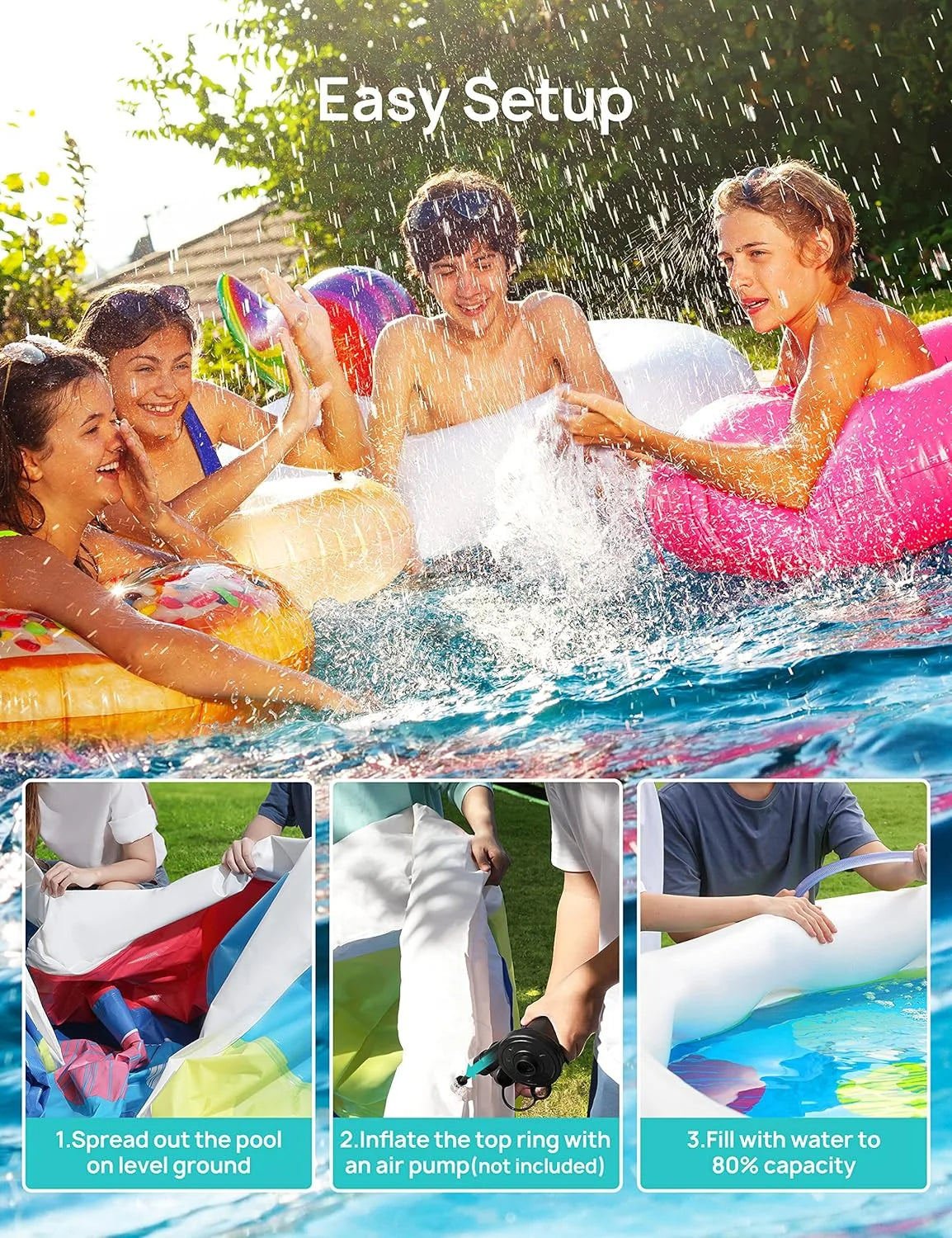 Track 7 15ft *35in inflatable swimming pool include filter pump, ground cloth and cover, blue