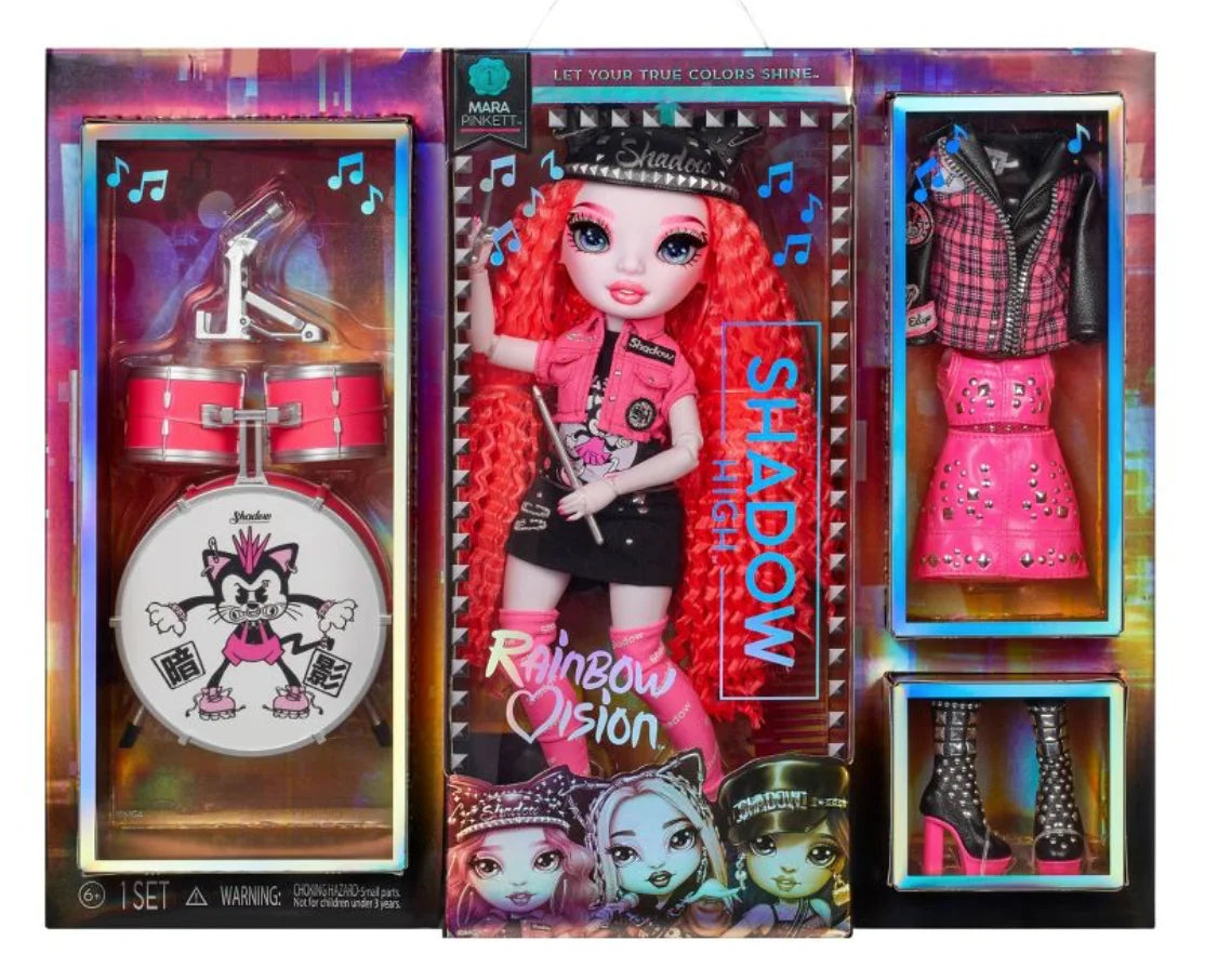 Rainbow vision shadow high neon shadow-mara pinkett (neon pink) fashion doll. 2 designer outfits mix & match rock band accessories playset, great gift for kids 6-12 years old & collectors