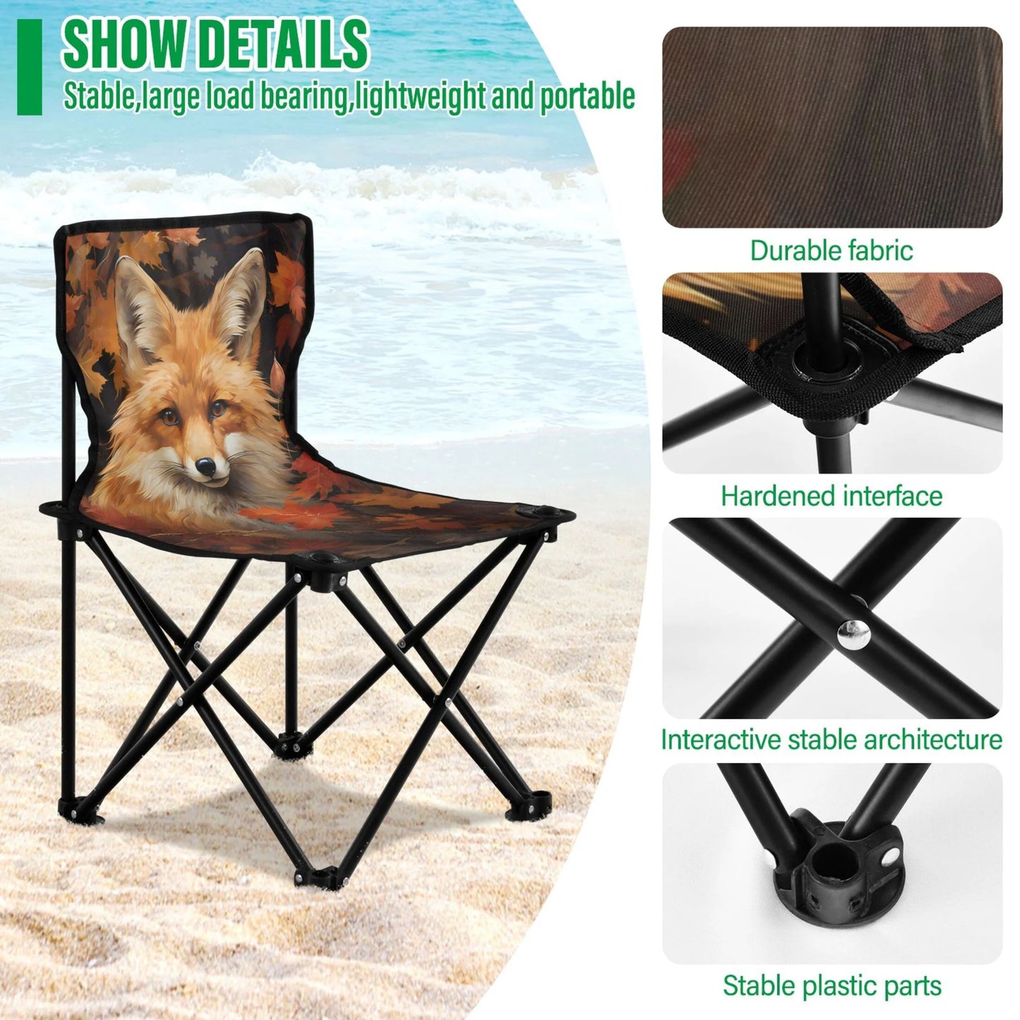 Fox in autumn leaves portable camping chair outdoor folding beach chair fishing chair lawn chair with carry bag support to 220lbs