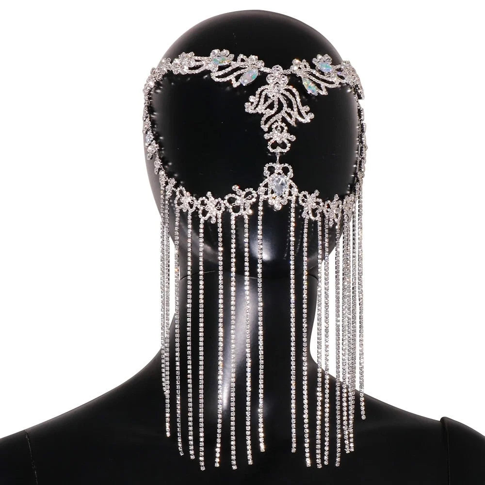 Crystal face chain costumes halloween mask for women headpiece tassel hair jewelry face jewelry rhinestone