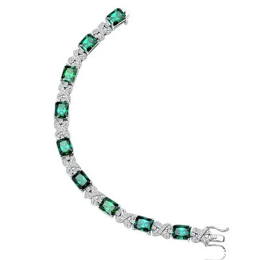 Prong set designer bracelet with lab-made radiant cut emerald diamonds and brilliant melee by diamond essence set in sterling silver