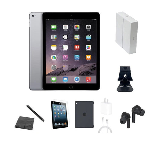 Restored apple ipad air 2 a1566 (wifi) 16gb space gray bundle w/ case, box, bluetooth earbuds, tempered glass, stylus, stand, charger (refurbished)