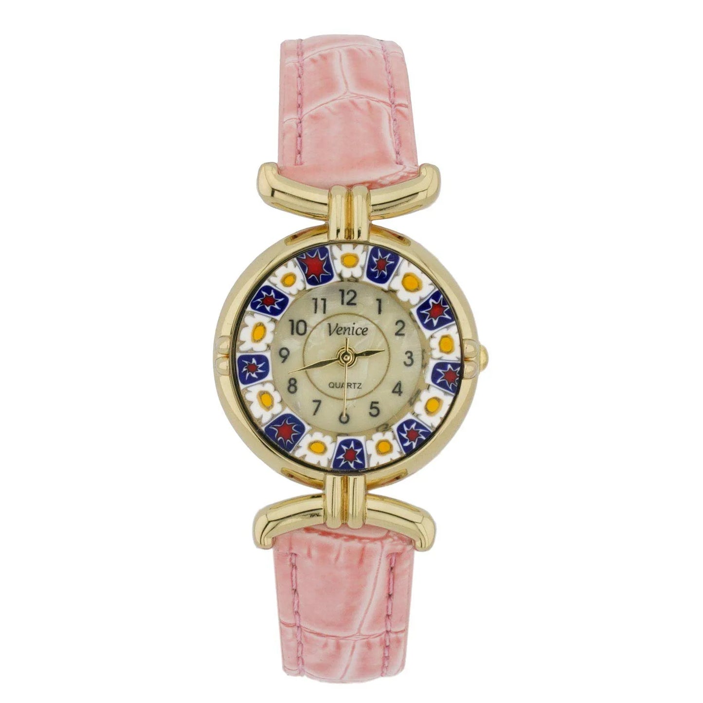 Glassofvenice murano glass millefiori watch with leather band - pink