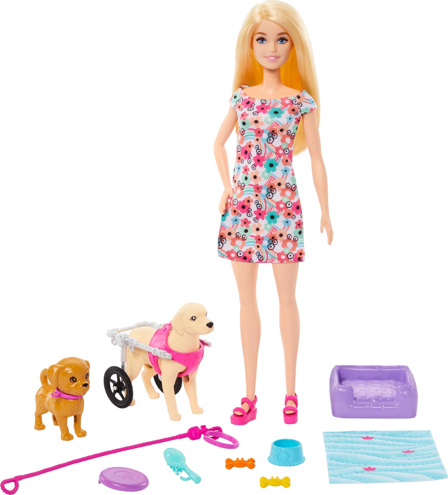 Barbie doll pup playset with a toy pup and dog in a wheelchair, plus pet accessories, multicolor