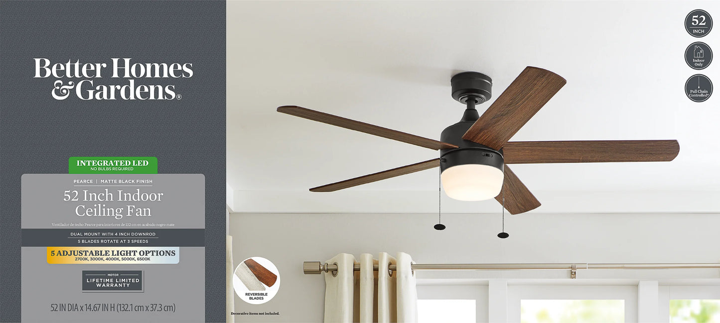 Better homes & gardens 52" pearce black indoor ceiling fan with light, adjustable color temperature & reverse airflow