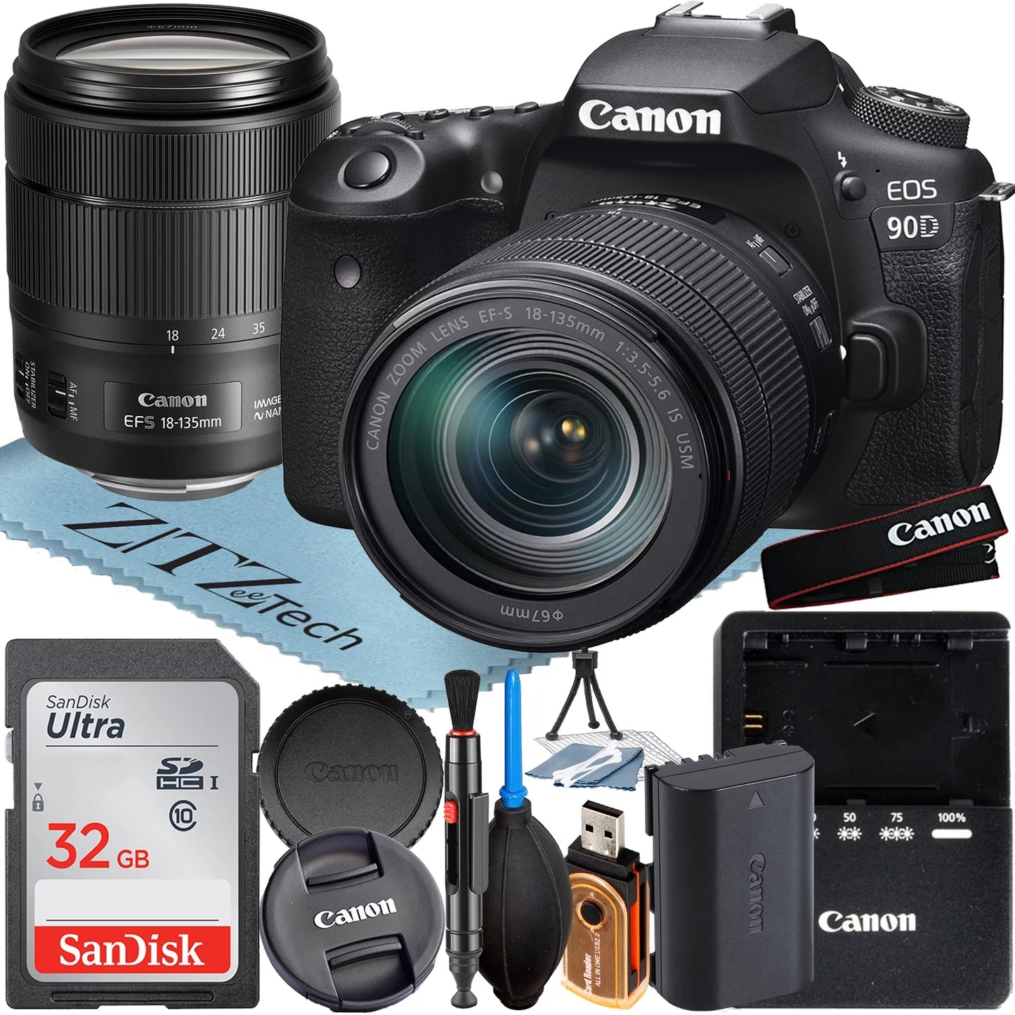 Canon eos 90d dslr camera with 18-135mm is usm lens + sandisk 32gb memory card + zeetech accessory bundle