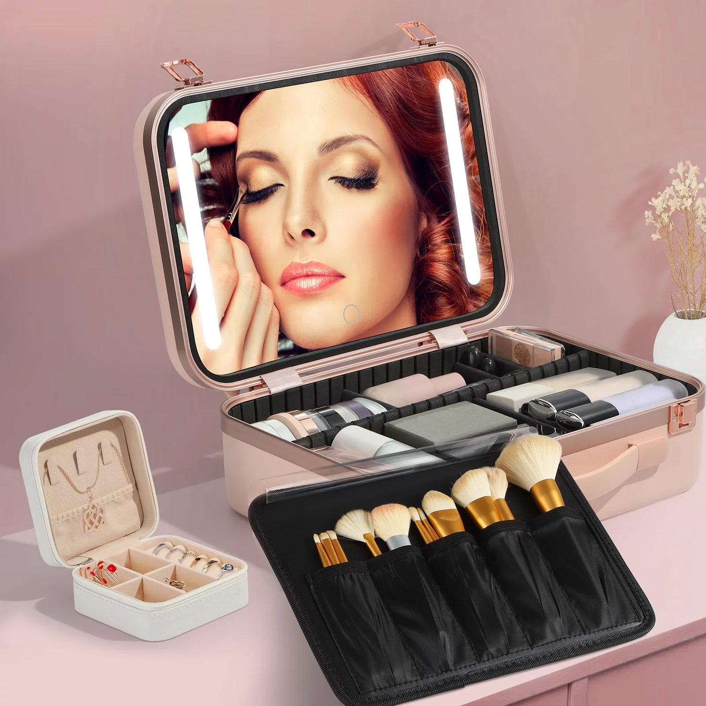 Zxmt 15" pink makeup train case with mirror & light & jewelry organizer cosmetic case box with brushes board