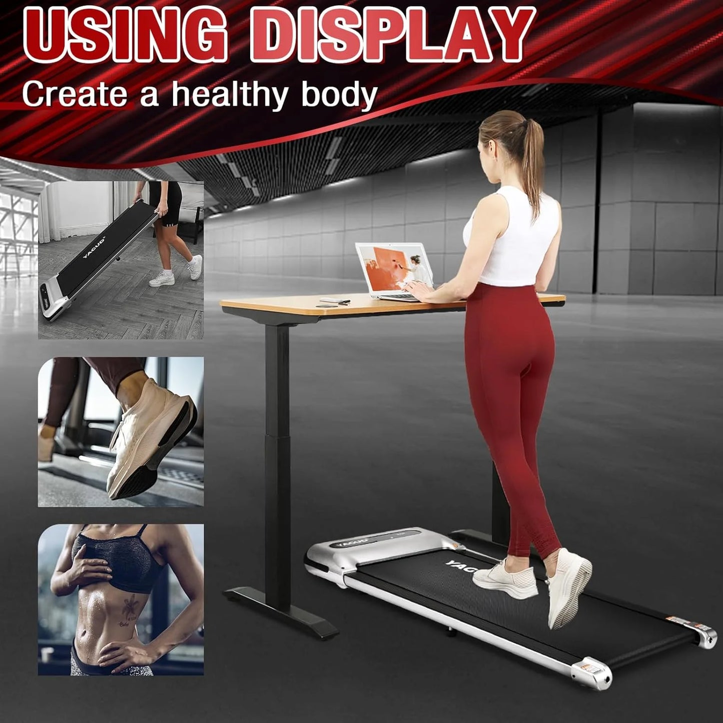 Yagud treadmill, under desk walking pad for home and office, running machine with remote control and led display