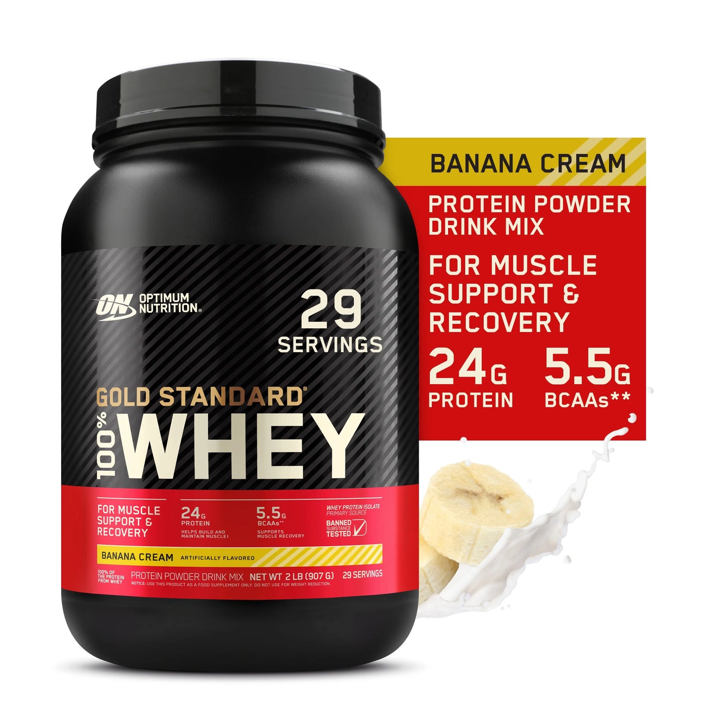 Optimum nutrition, gold standard 100% whey protein powder, banana cream, 2 lb, 29 servings