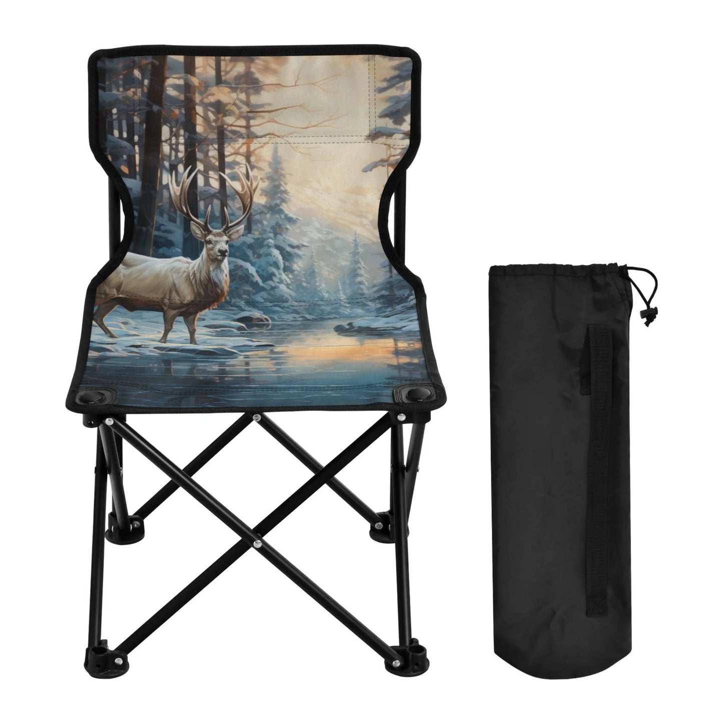 Deer in winter forest portable camping chair small for kids outdoor folding beach chair fishing chair lawn chair with carry bag