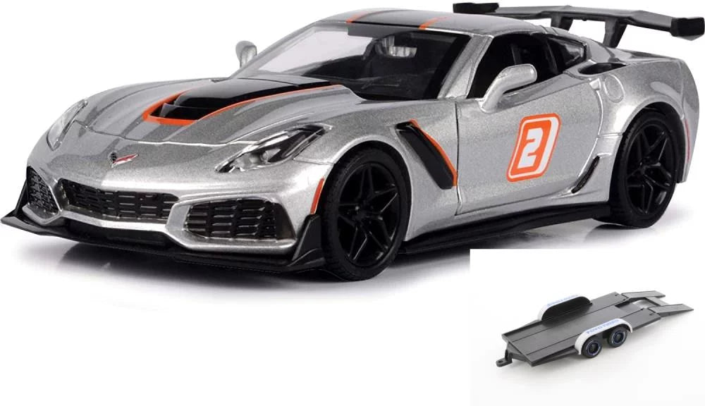 Diecast car w/trailer - 2019 chevy corvette zr1 #2, silver - motor max 73785sv - 1/24 scale diecast model toy car