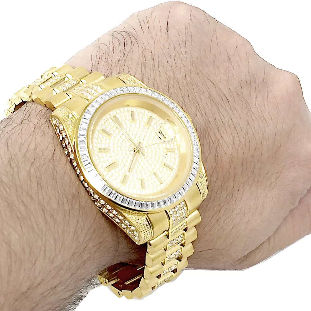 Unisex 18k yellow gold finish stainless steel simulated diamond presidential watch 41mm new tarnish free