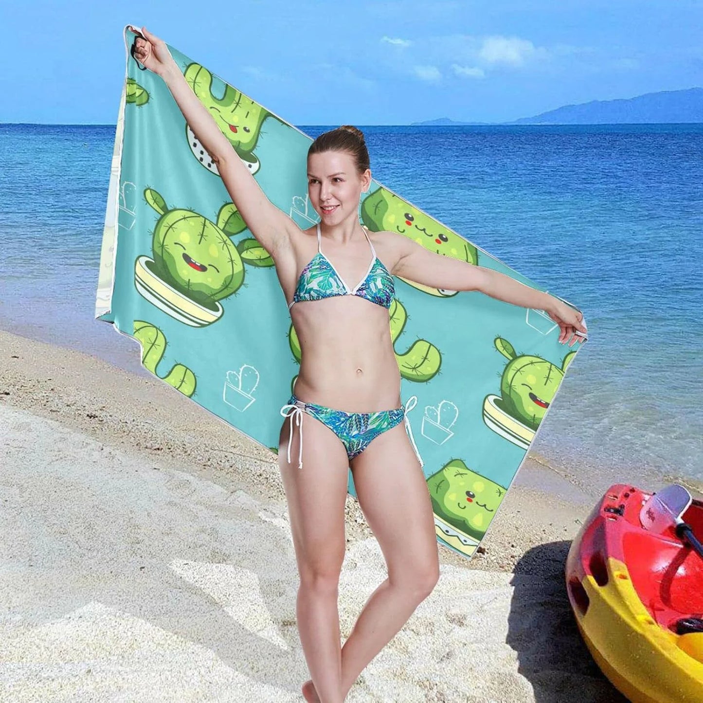 Bestwell cute kawaii cactus beach towel - lightweight compact oversized travel towels - super absorbent quick dry towel for swimming camping holiday（203）