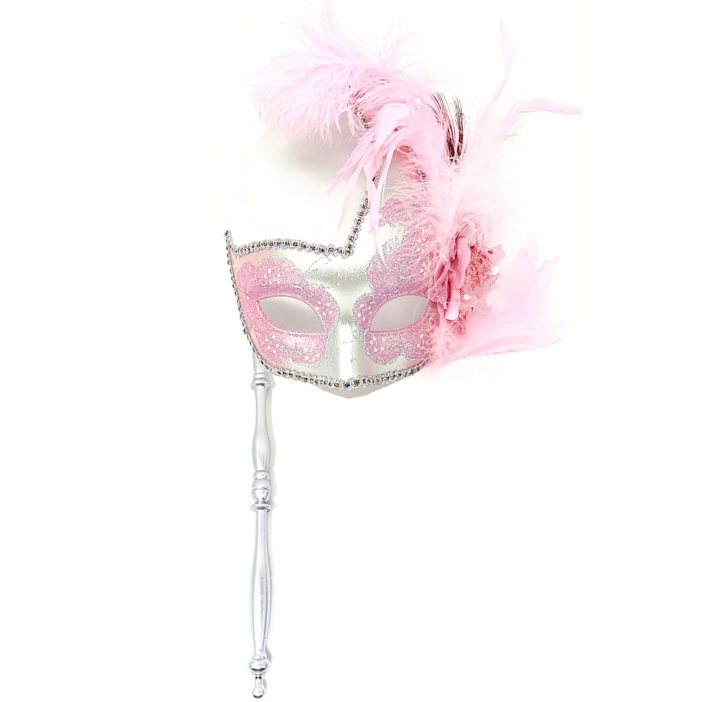 Women lady girls costume holding stick venetian feather mask masquerade mask halloween mardi gras cosplay wedding party