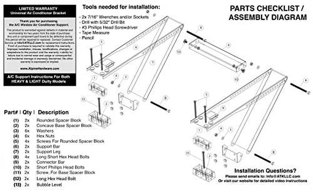 Alpine hardware universal window air conditioner bracket - heavy-duty window ac support - support air conditioner up to 180 lbs. - for 12000 btu ac to 24000 btu ac units (heavy duty)