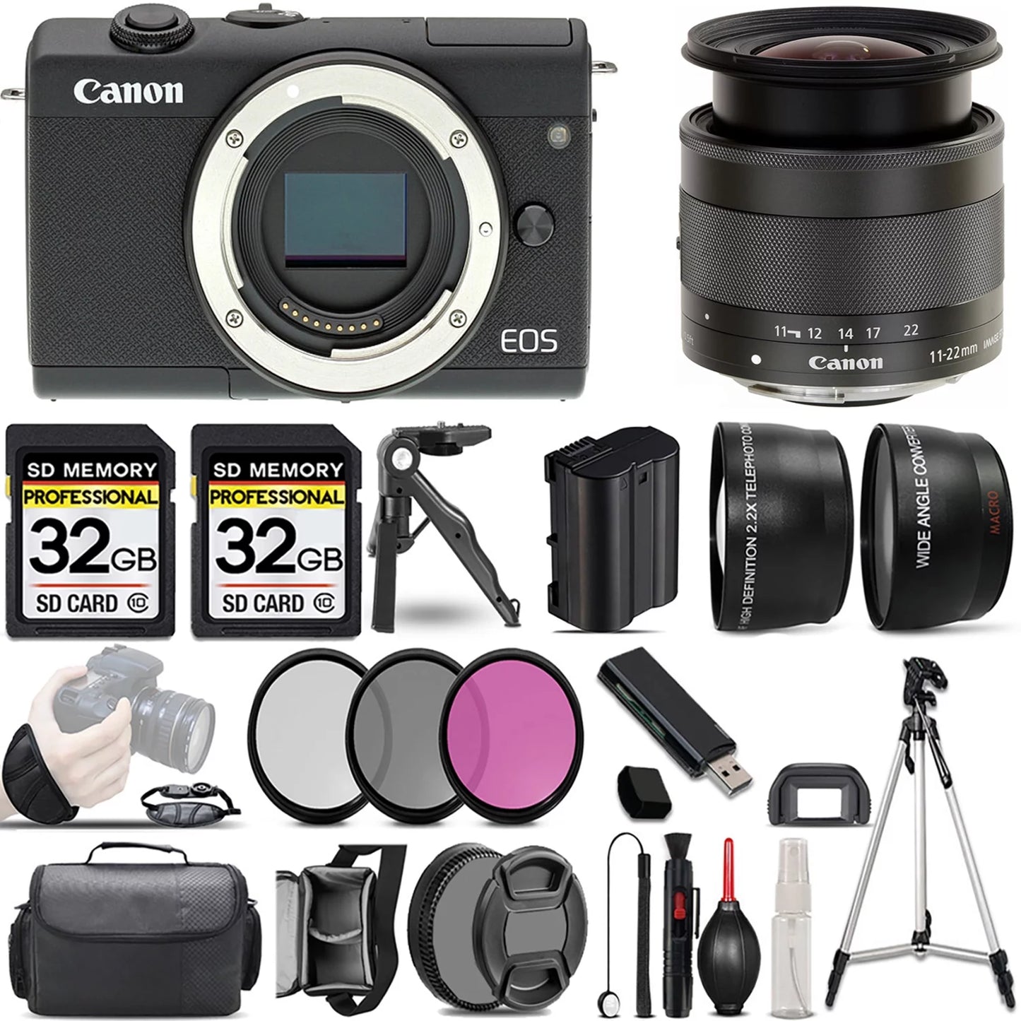 Canon eos m200 mirrorless camera (black) +11-22mm f/4-5.6 is stm lens +3 pc filter +64gb