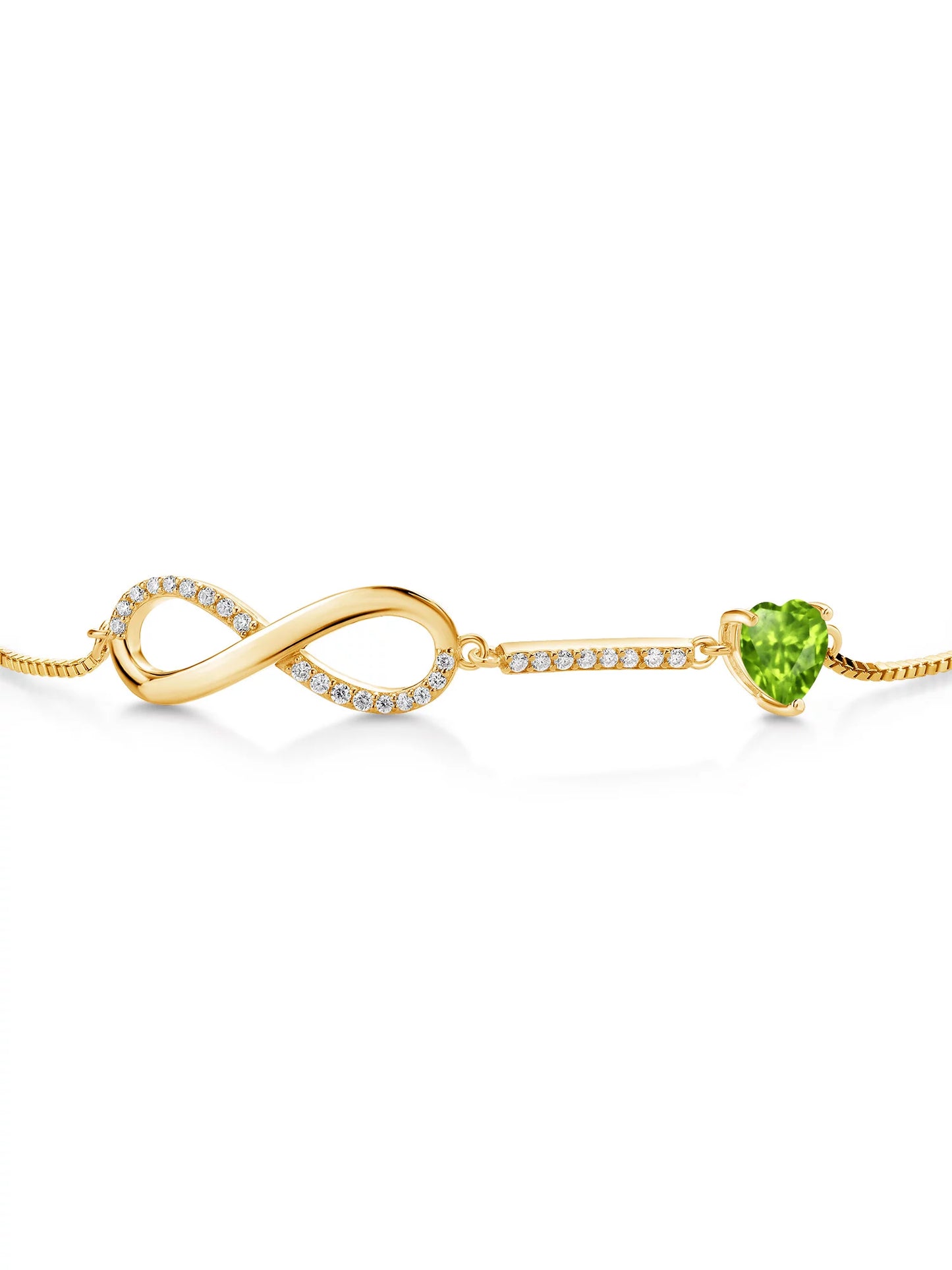 Gem stone king 18k yellow gold plated silver infinity bracelet for women with heart peridot and moissanite (0.90 cttw, box chain fully adjustable up to 9 inch)